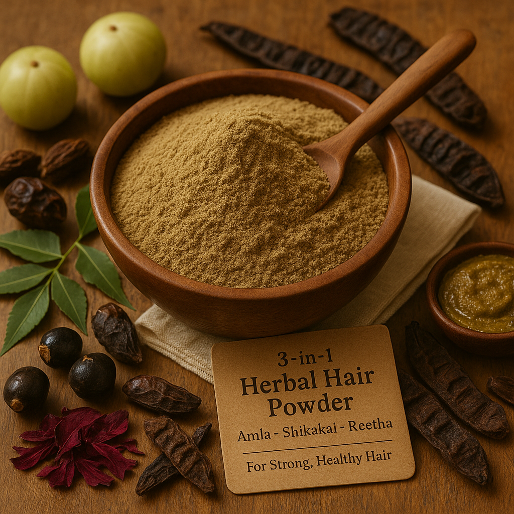3-in-1 Herbal Hair Powder – Amla, Shikakai & Aretha | Natural Hair Cleanser & Strengthener