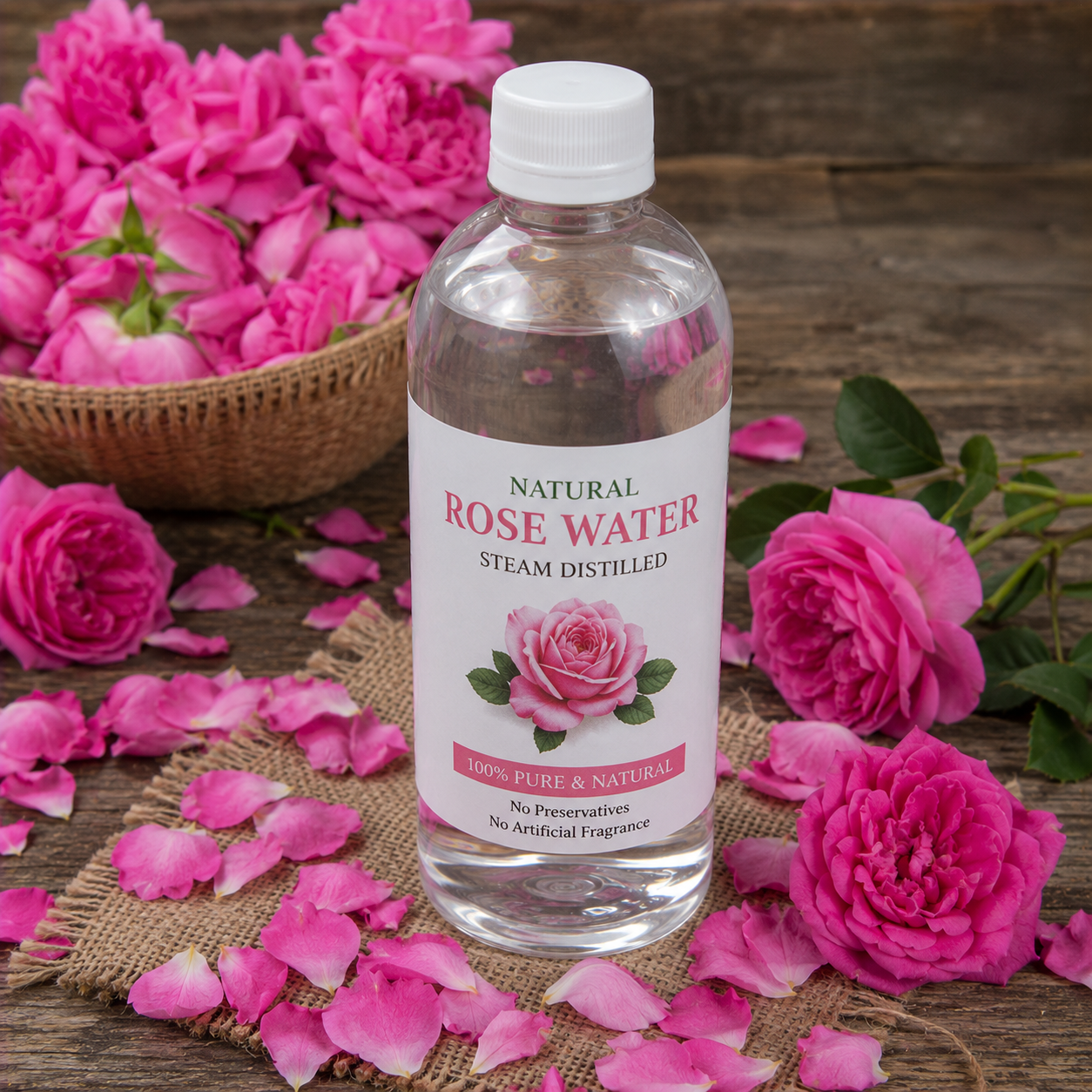 Natural Rose Water (45KG) – 100% Pure Steam Distilled | Bulk Floral Hydrosol for Skin, Hair & Cosmetic Use