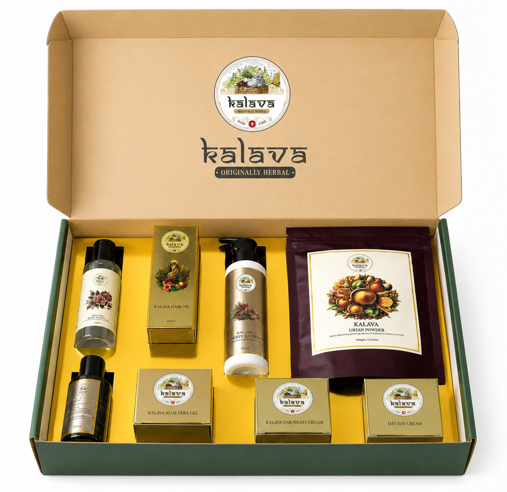 Kalava Complete Ayurvedic Skincare & Haircare Hamper | Hair Oil, Body Lotion, Rose Water, Aloe Vera Gel, Day Cream, Night Cream, Ubtan Face Powder & Hair Pack